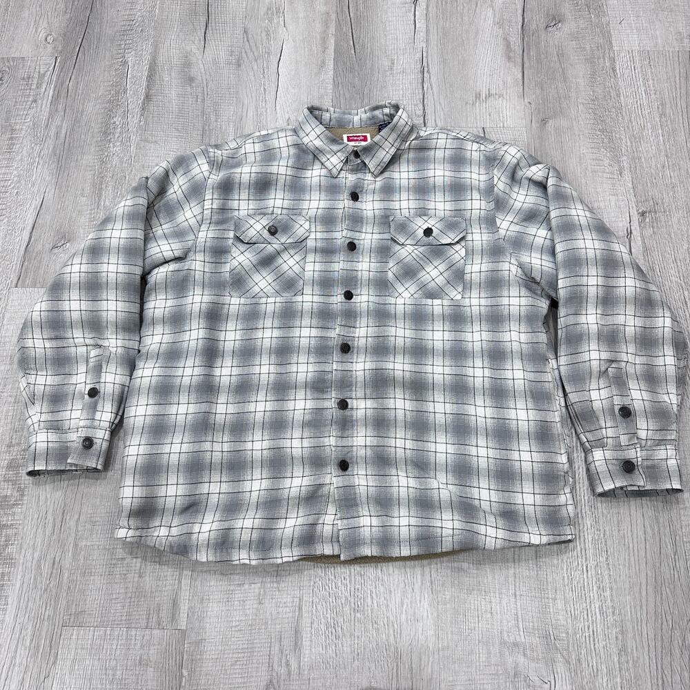 Wrangler Sherpa Lined Flannel Shirt Jacket Men's XL Gray Plaid Workwear Shacket - Picture 4 of 9